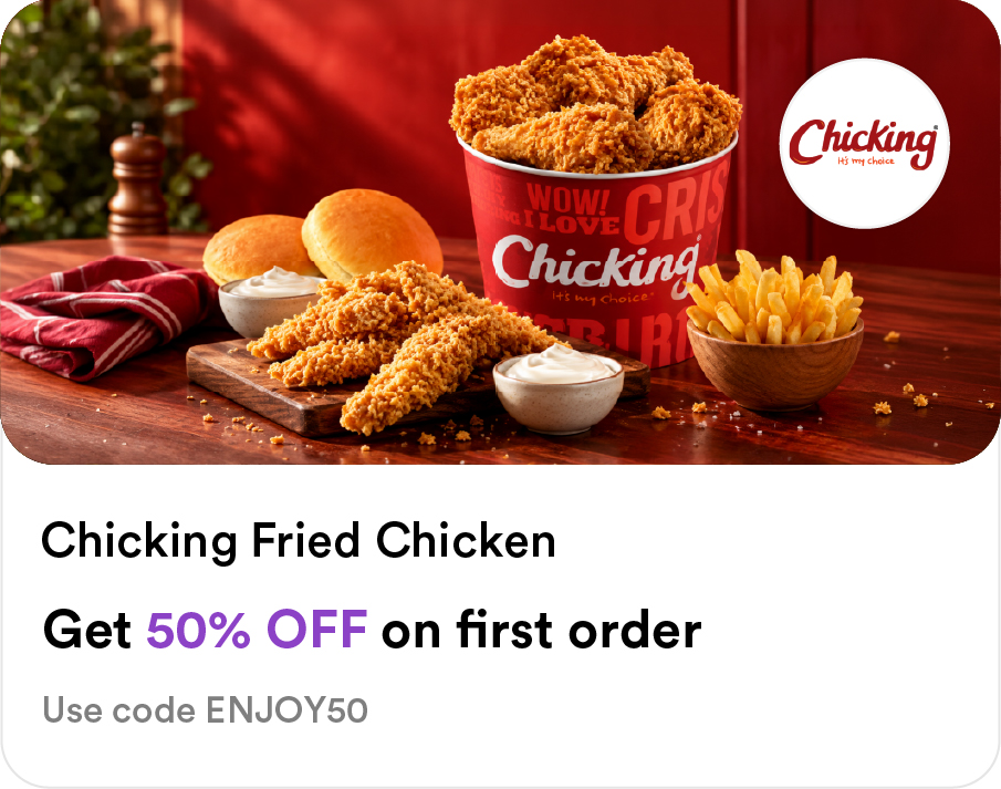 Chicking Food Smiles app offer: 50% off first order on crispy fried chicken and fries - use code ENJOY50