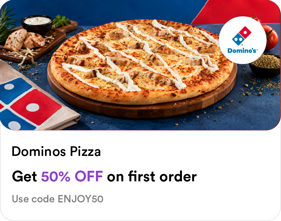 Domino's Pizza Food Smiles app offer: 50% off first order on garlic chicken pizza - use code ENJOY50