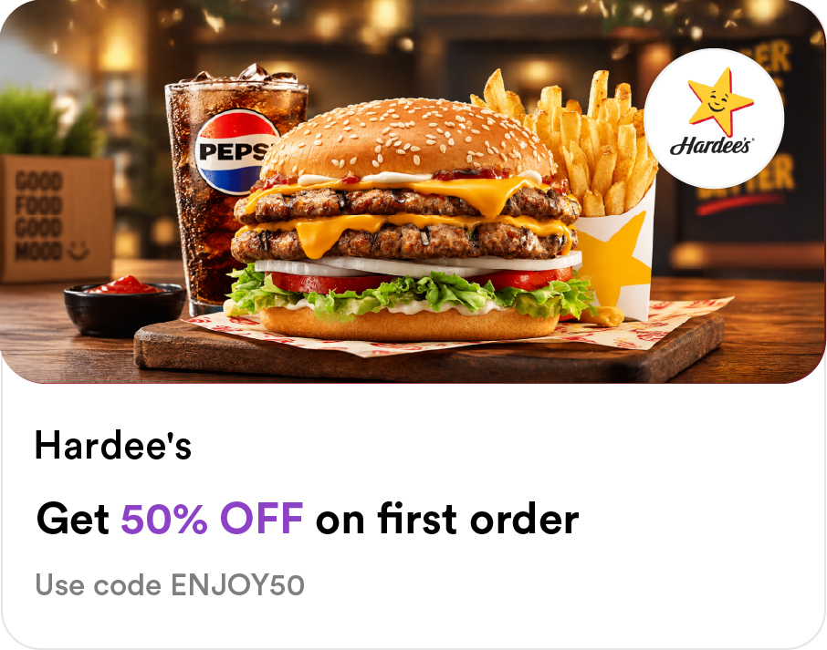 Hardee's Food Smiles app offer: 50% off first order on double cheeseburger and fries combo - use code ENJOY50