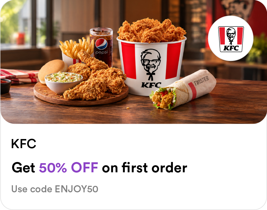 KFC Food Smiles app offer: 50% off first order on crispy fried chicken bucket and Twister wrap - use code ENJOY50