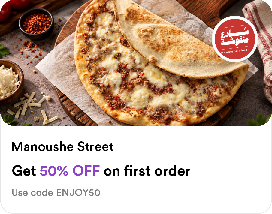 Manoushe Street  Food Smiles app offer: 50% off first order on meat and cheese manoushe - use code ENJOY50