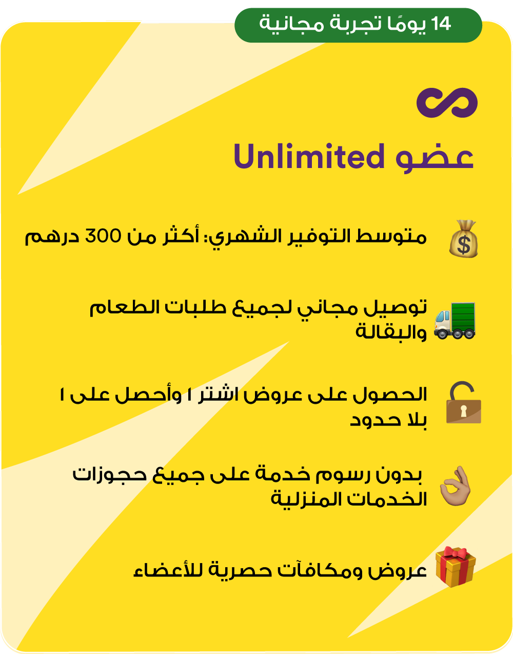Comparison card showing Smiles Unlimited Member benefits: average monthly savings AED 300+, free delivery on all food and grocery orders, access to unlimited BOGO offers, zero service fees on home service orders, and exclusive member offers and rewards. Includes 14-day free trial badge.