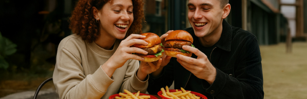 A happy young man and woman eating burgers and french fries ordered via the best food delivery app in the UAE.